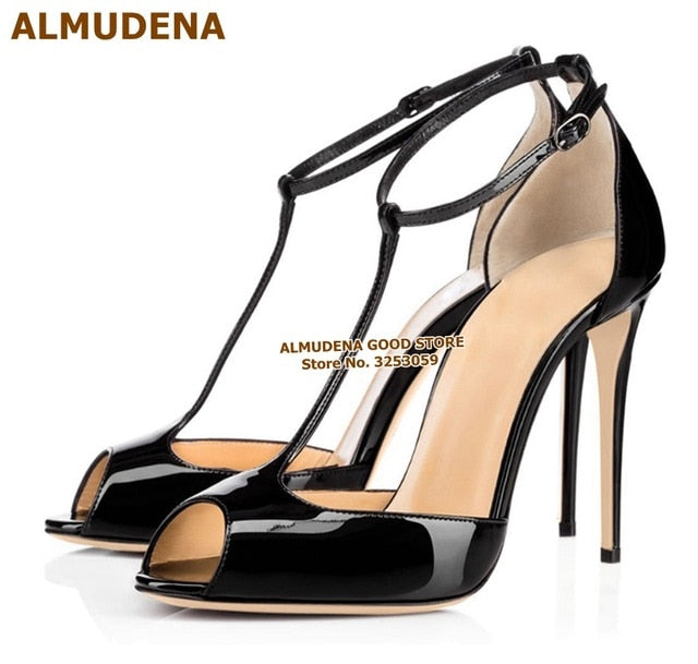 Almudena Women Burgundy Patent Leather T-Strap Pumps Stiletto Heels Wine Red Open Toe T-Bar Dress Shoes Ankle Buckle Strap Shoes Black Patent Leathre