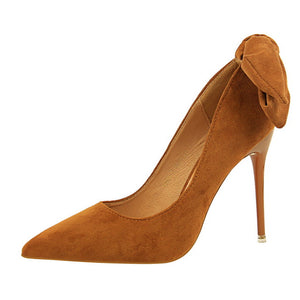 BIGTREE Elegant Crystal Pointed Toe Wedding Shoe Women's Pumps Solid Flock Fashion Buckle Shallow High Heels Shoes for Women