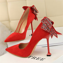 Load image into Gallery viewer, BIGTREE Elegant Crystal Pointed Toe Wedding Shoe Women&#39;s Pumps Solid Flock Fashion Buckle Shallow High Heels Shoes for Women