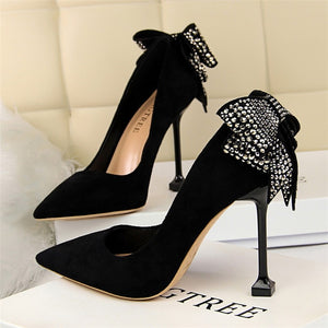 BIGTREE Elegant Crystal Pointed Toe Wedding Shoe Women's Pumps Solid Flock Fashion Buckle Shallow High Heels Shoes for Women