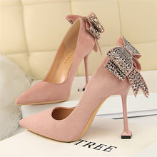 Load image into Gallery viewer, BIGTREE Elegant Crystal Pointed Toe Wedding Shoe Women&#39;s Pumps Solid Flock Fashion Buckle Shallow High Heels Shoes for Women