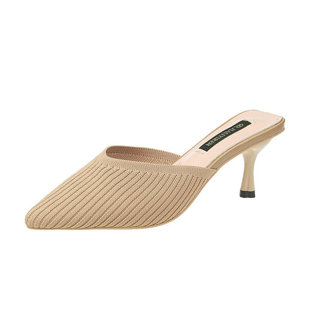 Pointed Toes Woven Knit Fashion Women Half Med Heels Stilettos Mules Loafer Casual Feminine Slippers Slides Sandalias Shoes g219