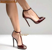 Load image into Gallery viewer, ALMUDENA Women Burgundy Patent Leather T-strap Pumps Stiletto Heels Wine Red Open Toe T-bar Dress Shoes Ankle Buckle Strap Shoes