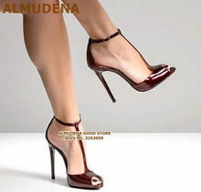 Load image into Gallery viewer, ALMUDENA Women Burgundy Patent Leather T-strap Pumps Stiletto Heels Wine Red Open Toe T-bar Dress Shoes Ankle Buckle Strap Shoes
