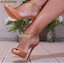 Load image into Gallery viewer, ALMUDENA Women Burgundy Patent Leather T-strap Pumps Stiletto Heels Wine Red Open Toe T-bar Dress Shoes Ankle Buckle Strap Shoes