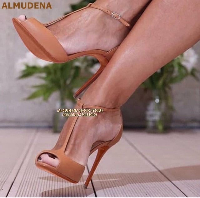 Almudena Women Burgundy Patent Leather T-Strap Pumps Stiletto Heels Wine Red Open Toe T-Bar Dress Shoes Ankle Buckle Strap Shoes Nude Patent Leather /