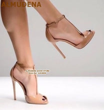Load image into Gallery viewer, ALMUDENA Women Burgundy Patent Leather T-strap Pumps Stiletto Heels Wine Red Open Toe T-bar Dress Shoes Ankle Buckle Strap Shoes