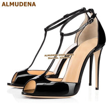 Load image into Gallery viewer, ALMUDENA Women Burgundy Patent Leather T-strap Pumps Stiletto Heels Wine Red Open Toe T-bar Dress Shoes Ankle Buckle Strap Shoes