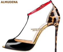 Load image into Gallery viewer, ALMUDENA Women Burgundy Patent Leather T-strap Pumps Stiletto Heels Wine Red Open Toe T-bar Dress Shoes Ankle Buckle Strap Shoes