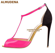 Load image into Gallery viewer, ALMUDENA Women Burgundy Patent Leather T-strap Pumps Stiletto Heels Wine Red Open Toe T-bar Dress Shoes Ankle Buckle Strap Shoes