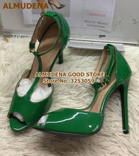 Load image into Gallery viewer, ALMUDENA Women Burgundy Patent Leather T-strap Pumps Stiletto Heels Wine Red Open Toe T-bar Dress Shoes Ankle Buckle Strap Shoes