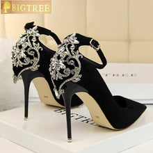Load image into Gallery viewer, BIGTREE Elegant Crystal Pointed Toe Wedding Shoe Women&#39;s Pumps Solid Flock Fashion Buckle Shallow High Heels Shoes for Women