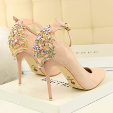 Load image into Gallery viewer, BIGTREE Elegant Crystal Pointed Toe Wedding Shoe Women&#39;s Pumps Solid Flock Fashion Buckle Shallow High Heels Shoes for Women