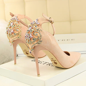 BIGTREE Elegant Crystal Pointed Toe Wedding Shoe Women's Pumps Solid Flock Fashion Buckle Shallow High Heels Shoes for Women