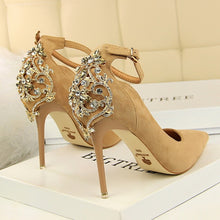 Load image into Gallery viewer, BIGTREE Elegant Crystal Pointed Toe Wedding Shoe Women&#39;s Pumps Solid Flock Fashion Buckle Shallow High Heels Shoes for Women