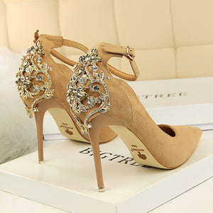 BIGTREE Elegant Crystal Pointed Toe Wedding Shoe Women's Pumps Solid Flock Fashion Buckle Shallow High Heels Shoes for Women