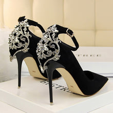 Load image into Gallery viewer, BIGTREE Elegant Crystal Pointed Toe Wedding Shoe Women&#39;s Pumps Solid Flock Fashion Buckle Shallow High Heels Shoes for Women