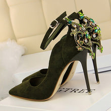 Load image into Gallery viewer, BIGTREE Elegant Crystal Pointed Toe Wedding Shoe Women&#39;s Pumps Solid Flock Fashion Buckle Shallow High Heels Shoes for Women