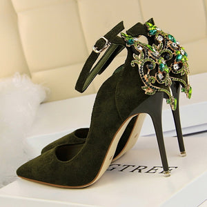 BIGTREE Elegant Crystal Pointed Toe Wedding Shoe Women's Pumps Solid Flock Fashion Buckle Shallow High Heels Shoes for Women
