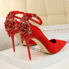 Load image into Gallery viewer, BIGTREE Elegant Crystal Pointed Toe Wedding Shoe Women&#39;s Pumps Solid Flock Fashion Buckle Shallow High Heels Shoes for Women