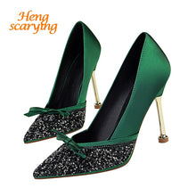 Load image into Gallery viewer, 2019 Women Satin 10cm High Heels Lady Stiletto Fetish Sequins Wedding Scarpins Pumps Female Green Dress Burgundy Tacones Shoes