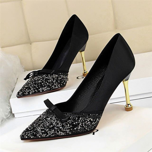 2019 Women Satin 10cm High Heels Lady Stiletto Fetish Sequins Wedding Brown Border 2019 Women Satin 10cm High Heels Lady Stiletto Fetish Sequins Wedding Brown Border