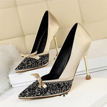 Load image into Gallery viewer, 2019 Women Satin 10cm High Heels Lady Stiletto Fetish Sequins Wedding Scarpins Pumps Female Green Dress Burgundy Tacones Shoes