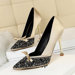 2019 Women Satin 10cm High Heels Lady Stiletto Fetish Sequins Wedding Scarpins Pumps Female Green Dress Burgundy Tacones Shoes