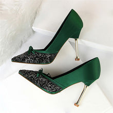 Load image into Gallery viewer, 2019 Women Satin 10cm High Heels Lady Stiletto Fetish Sequins Wedding Scarpins Pumps Female Green Dress Burgundy Tacones Shoes