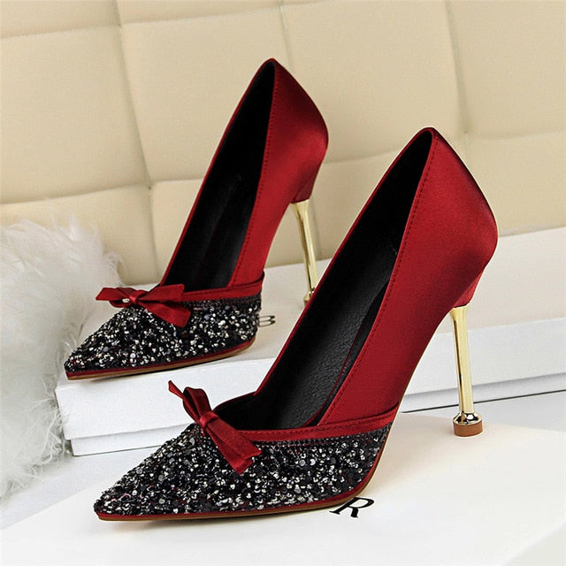 2019 Women Satin 10cm High Heels Lady Stiletto Fetish Sequins Wedding Brown Border 2019 Women Satin 10cm High Heels Lady Stiletto Fetish Sequins Wedding Brown Border