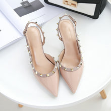 Load image into Gallery viewer, Women Party Shoes High Heels Spring Rivet Pumps Woman Pointed Toe Slip On Thin Heels Female Dress Back Strap Shoes Plus Size DE
