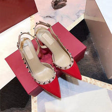 Load image into Gallery viewer, Women Party Shoes High Heels Spring Rivet Pumps Woman Pointed Toe Slip On Thin Heels Female Dress Back Strap Shoes Plus Size DE